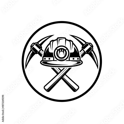 Classic Mining Helmet and Crossed Pickaxes Icon Representing Industrial Work and Resource Extraction Efforts