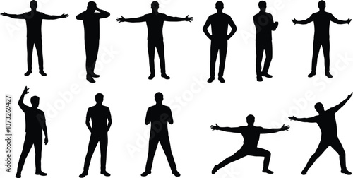 Collection of Ten Male Silhouettes in Various Poses on White standing