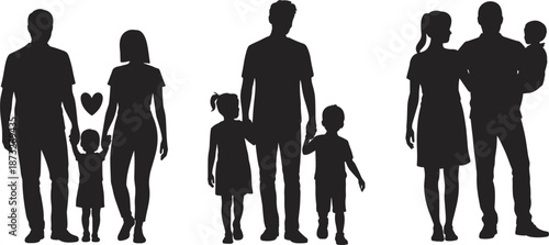 Diverse Family Silhouettes With Children And Heart Symbol On White Background people parents