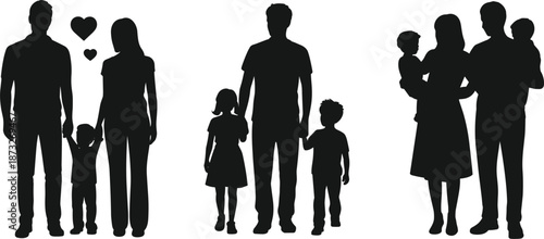 Diverse Family Silhouettes With Children And Hearts On White Background people parents