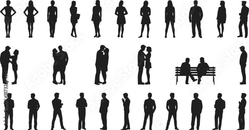 Diverse Silhouettes of People in Various Poses and Interactions Keywords: silhouette, people, man, woman, couple, group