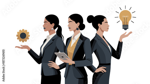 Three confident women showcasing innovation, teamwork, and ideas.