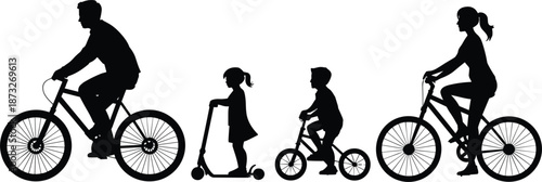 Family silhouettes riding bicycles and scooters on white background Keywords: family, silhouette, cycling, bicycle, scooter