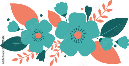 Teal and orange flowers with leaves on white background illustration for design and decoration purposes easily