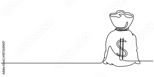 Dollar money bag continuous one line drawing illustration. Business euro sign concept. Continuous one line drawing of euro money bag.