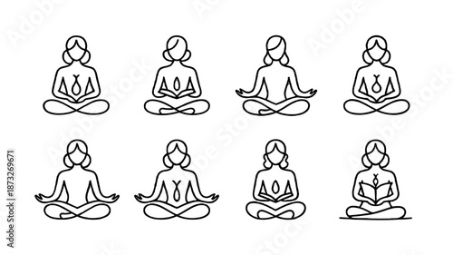 Illustrative depictions of mindfulness and self-care through yoga and reading.