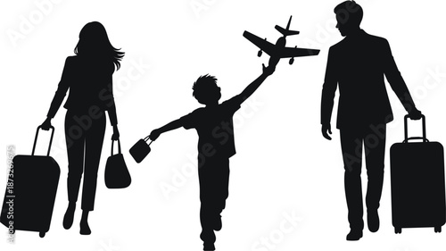 Family silhouettes with luggage and toy airplane on white background travel suitcase