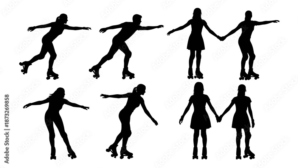Fototapeta premium Silhouettes of people roller skating, including individuals and pairs holding hands.