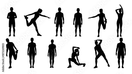 A collection of black silhouettes depicting various individuals engaged in stretching and exercise routines.