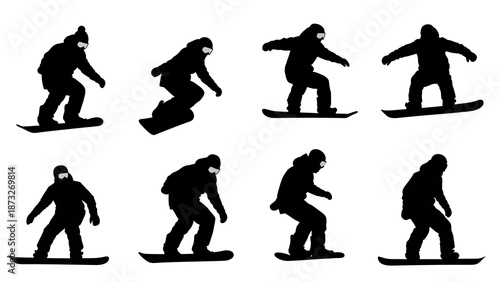 Eight black silhouettes of snowboarders performing various dynamic actions and poses against a clean white background, showcasing winter sports.