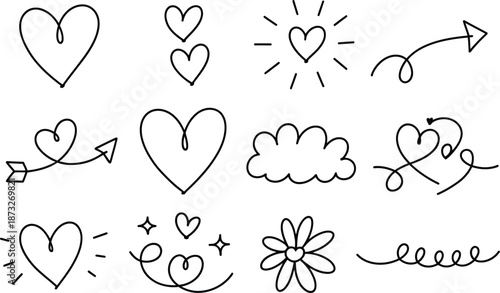 Hand drawn heart and love doodle icon set isolated on white background, romantic sketch vector illustration