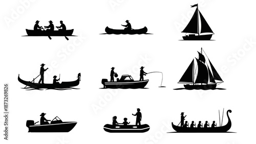 Collection of black silhouettes depicting various boats and water activities, including rowing, canoeing, sailing, gondola riding, fishing, and rafting.