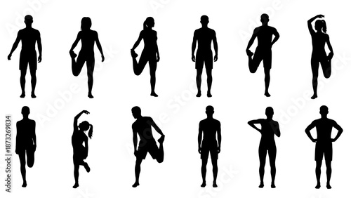 Silhouettes of people performing various stretching exercises and standing poses on a white background, demonstrating flexibility and physical activity.