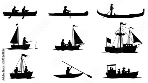 Silhouettes of various boats and people enjoying water activities.
