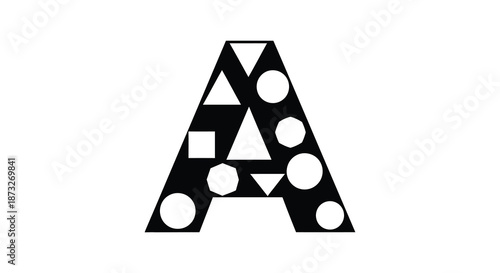 A striking black and white graphic design featuring an a formed by geometric shapes silhouette