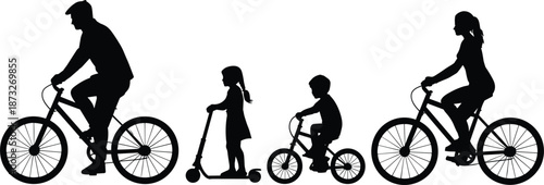 Silhouette family cycling and scootering on white background biking
