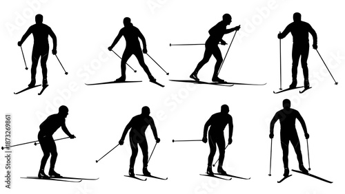Eight black silhouettes of cross-country skiers in various dynamic poses on a white background, illustrating different skiing techniques.
