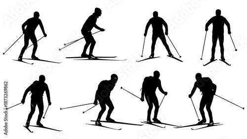 Silhouettes of cross-country skiers in various dynamic poses, demonstrating different skiing techniques and movements.