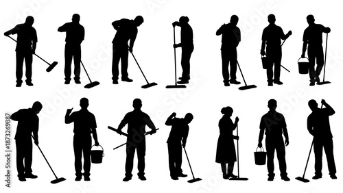 Silhouettes of people cleaning floors with mops, brooms, and buckets, depicting various cleaning actions.
