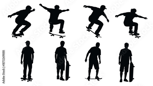 Silhouettes of various skateboarders in different poses, showcasing action and standing with boards.