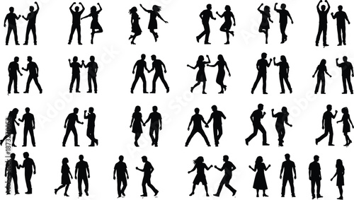 couple, silhouette, interaction, people, dancing, vector, collection, group, set, relationship, together, partnership, diversity, communication, friendship, happy