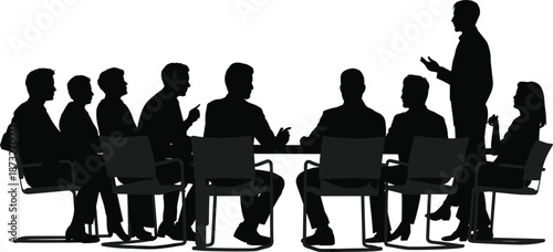 Silhouette of people in a business meeting with one person standing and presenting presentation group