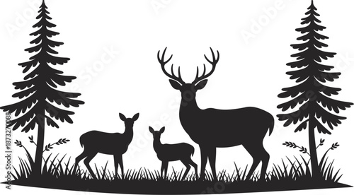 Silhouette of Deer Family and Pine Trees in a Forest Landscape Keywords: deer, fawn, stag, forest, trees, pine trees, nature