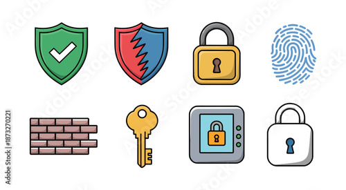 Cyber security and privacy protection icons including shield lock key fingerprint scan and firewall for data safety and authentication network defense