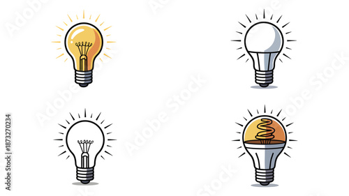 Illustration set of various lightbulb designs idea and innovation concept bright glowing incandescent lightbulb filament technology creativity symbol