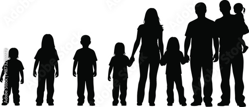 Silhouette of Family Group in Age Progression – Adults and Children Holding Hands Representing Growth, Generations, and Connection