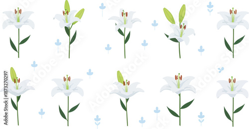 A repeating pattern of white lilies with green leaves on a white background with small flowers