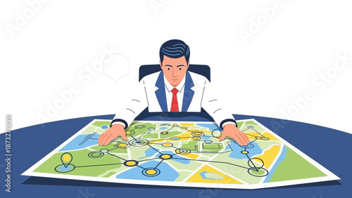 Businessman planning a route on a map at a table.