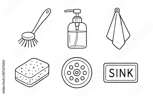 Hand-drawn icons of kitchen cleaning supplies and sink drain