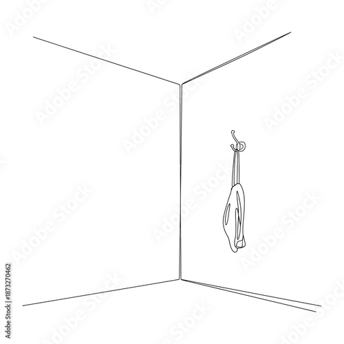 Corner of tranquility: A minimalistic line drawing showcases a serene scene, with a singular item gracefully suspended on the wall, embodying a sense of simplicity and solitude.