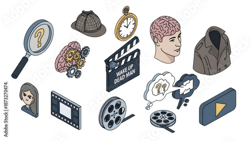 An engaging isometric vector set showcasing elements of thrilling mystery, cinematic production, and deep cognitive thought, ideal for creative design projects and narratives