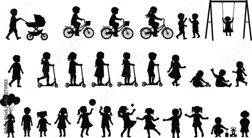 Silhouettes of Children Engaged in Playful Activities – Riding, Walking, Dancing, and Interacting in Joyful Everyday Moments