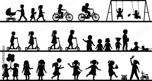 Silhouettes of Children in Diverse Activities – Playing, Riding, Dancing, and Interacting in Joyful Outdoor and Social Scenes