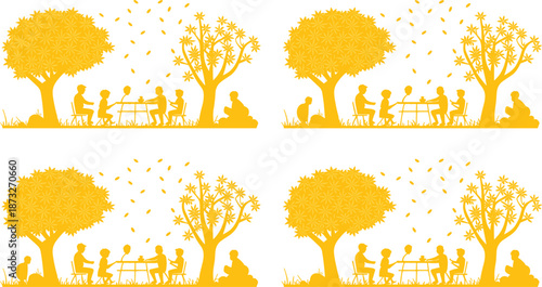 Yellow Silhouettes of Families Gathering Under Starry Trees with Falling Leaves family outdoor