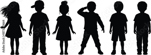 Silhouettes of Children in Distinct Poses and Styles – Standing Side by Side with Unique Outfits and Hairstyles