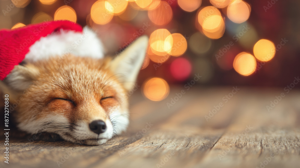 Obraz premium Fox sleeps quietly with a red hat on a wooden surface near light