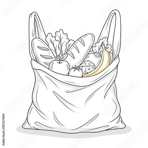 Grocery Bag filled with Groceries: An illustration of a reusable grocery bag brimming with fresh produce and baked goods.
