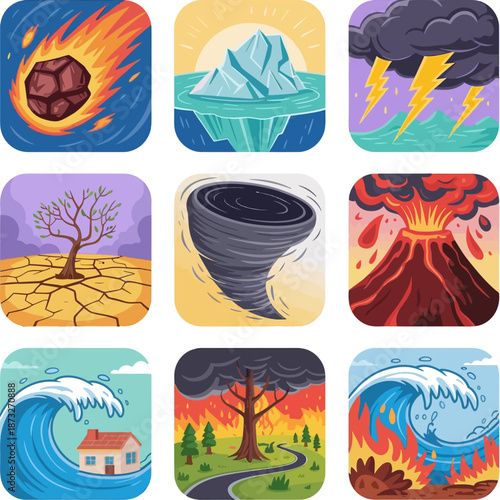 : Vertical illustration set showing diverse natural disasters across landscapes, including floods, volcanoes, earthquakes, tornadoes, storms, wildfires, and climate impacts.