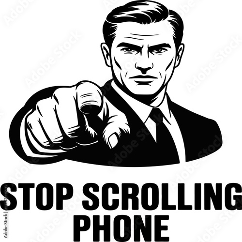 Faceless businessman holds cracked smartphone with bold stop scrolling message urging digital discipline focus awareness and healthier habits lifestyles