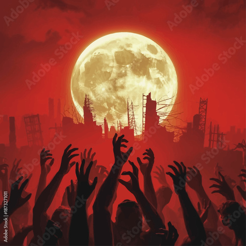 Dark silhouettes of reaching hands beneath a red moon among ruins symbolizing chaos desperation survival fear uprising and apocalypse