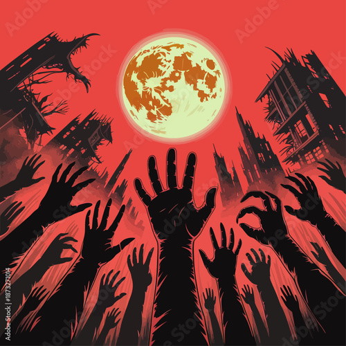 Dark silhouettes of reaching hands beneath a red moon among ruins symbolizing chaos desperation survival fear uprising and apocalypse