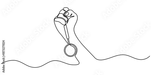 Single line art of hand lifting a trophy. Simple continuous drawing concept for winner celebration, leadership, success and sport achievement design.