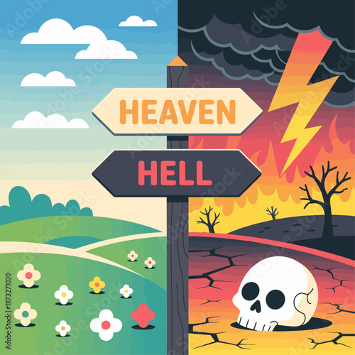 Directional sign points to heaven and hell contrasting peaceful nature with fiery destruction symbolizing moral choice and destiny