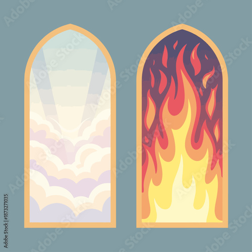 Two arched windows contrast soft pastel clouds with intense flames symbolizing heaven and hell balance choice duality