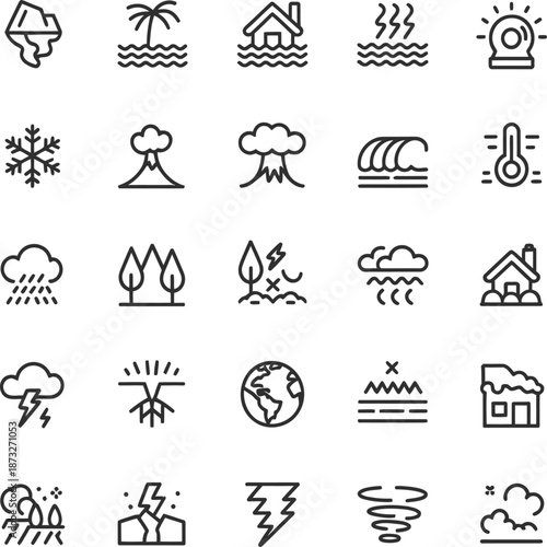 Minimal line weather icons showing sun rain wind snow storms temperature climate conditions symbols for forecasting apps and infographics