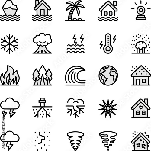 Minimal line weather icons showing sun rain wind snow storms temperature climate conditions symbols for forecasting apps and infographics